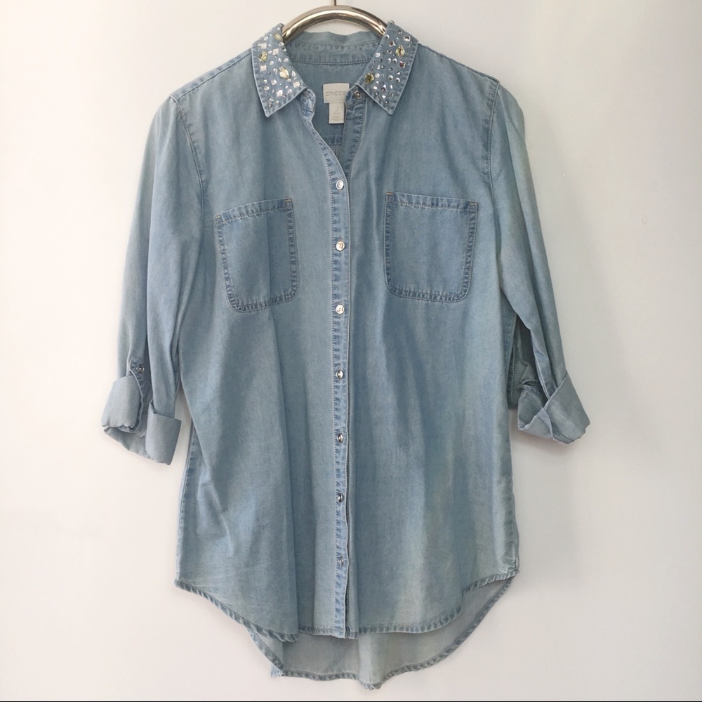 Chico’s Rhinestone Chambray Shirt L